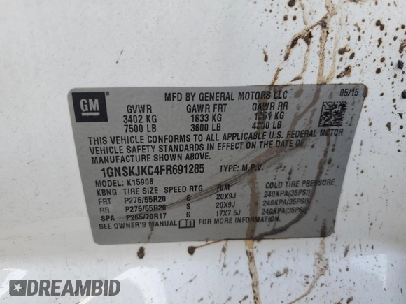 2015 Chevrolet Suburban LT with VIN 1GNSKJKC4FR691285, listed as a Copart auction lot 53137615 with 225,415 mi miles and Salvage Title. Bid and sale history available at DreamBid. Image 15.