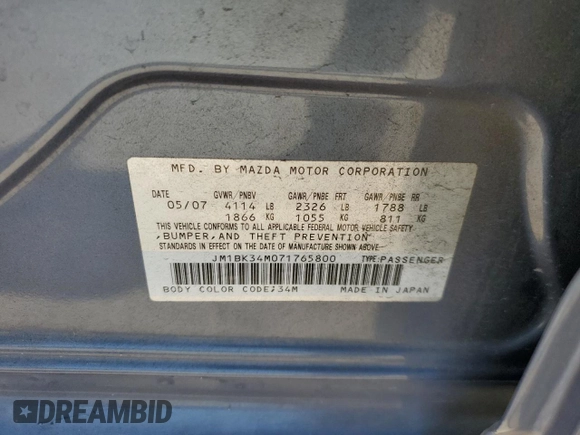 2007 Mazda 3 Mazdaspeed3 Sport with VIN JM1BK34M071765800, listed as a Copart auction lot 62323925 with 155,307 mi miles and Salvage title. Bid and sale history available at DreamBid. Image 12.