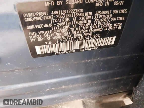2021 Subaru Forester with VIN JF2SKADC7MH549989, listed as a IAAI auction lot 41553388 with 89,603 mi miles and . Bid and sale history available at DreamBid. Image 9.