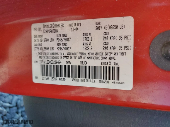 2005 Dodge Ram 1500 SLT with VIN 1D7HA18D05S200424, listed as a Copart auction lot 53132465 with 237,012 mi miles and Salvage Title. Bid and sale history available at carsss.com. Image 14.