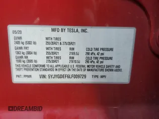 2020 Tesla Model Y Long Range with VIN 5YJYGDEF6LF009729, listed as a Copart auction lot 43817095 with Not Provided miles and Salvage Title. Bid and sale history available at DreamBid. Image 12.
