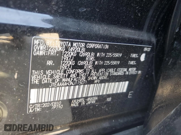 2022 Toyota Venza LE with VIN JTEAAAAH3NJ115071, listed as a Copart auction lot 66705253 with 14,076 mi miles. Bid and sale history available at carsss.com. Image 14.