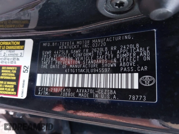 2020 Toyota Camry SE z VIN 4T1G11AK3LU945597, wystawiony jako IAAI lot #41292468 z przebiegiem 116 763 mil mil oraz . Historia ofert i sprzedaży dostępna na DreamBid. Obrazek 9.