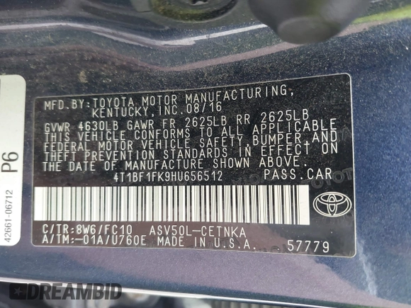 2017 Toyota Camry XLE with VIN 4T1BF1FK9HU656512, listed as a IAAI auction lot 39582213 with 89,550 mi miles. Bid and sale history available at carsss.com. Image 9.