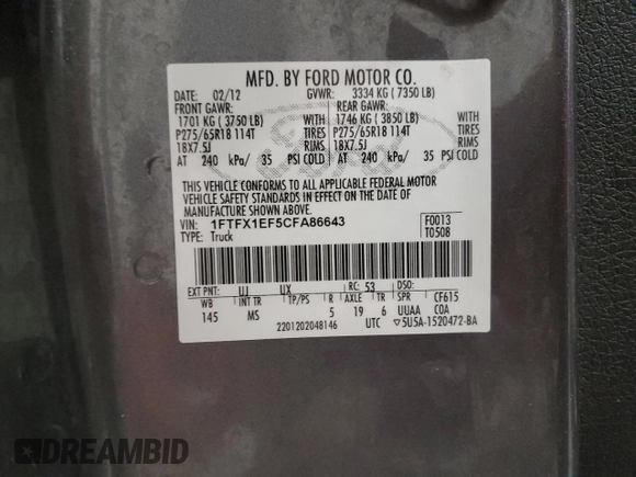 2012 Ford F-150 XL with VIN 1FTFX1EF5CFA86643, listed as a Copart auction lot 88990785 with 149,922 mi miles and Salvage title. Bid and sale history available at DreamBid. Image 14.