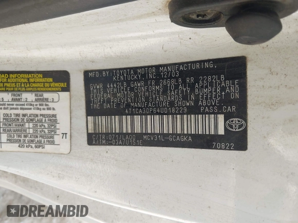 2004 Toyota Solara SE with VIN 4T1CA30P64U018229, listed as a IAAI auction lot 42650868 with 286,229 mi miles and . Bid and sale history available at DreamBid. Image 9.