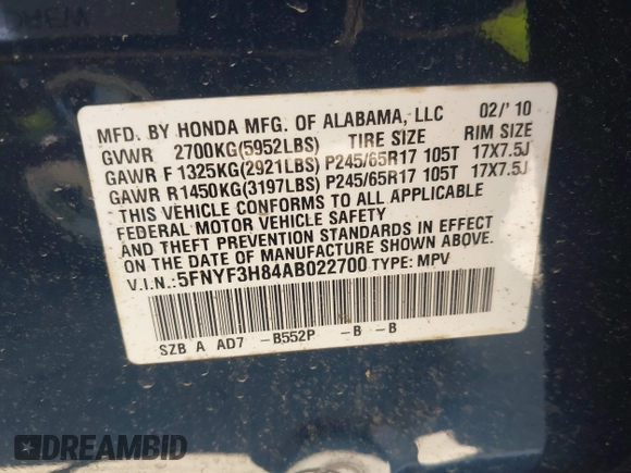 2010 Honda Pilot Touring with VIN 5FNYF3H84AB022700, listed as a IAAI auction lot 41689783 with 170,972 mi miles and . Bid and sale history available at DreamBid. Image 9.