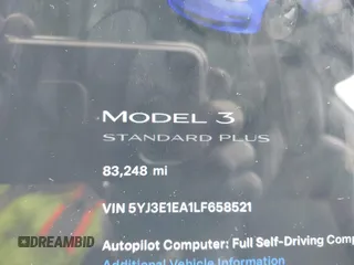 2020 Tesla Model 3 Standard Range Plus with VIN 5YJ3E1EA1LF658521, listed as a IAAI auction lot 41804722 with 83,248 mi miles and . Bid and sale history available at DreamBid. Image 15.
