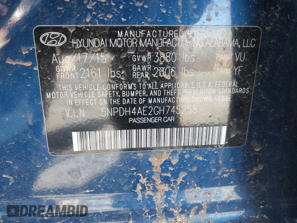 2016 Hyundai Elantra SE with VIN 5NPDH4AE2GH745258, listed as a IAAI auction lot 41818963 with 82,579 mi miles. Bid and sale history available at carsss.com. Image 9.