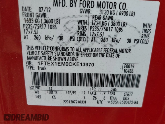 2012 Ford F-150 XL with VIN 1FTEX1EM0CKE13970, listed as a Copart auction lot 83695934 with 127,122 mi miles and Salvage Title. Bid and sale history available at carsss.com. Image 15.