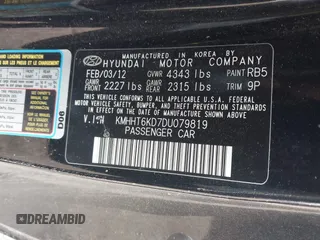 2013 Hyundai Genesis Coupe Premium with VIN KMHHT6KD7DU079819, listed as a IAAI auction lot 40863494 with 111,012 mi miles and . Bid and sale history available at DreamBid. Image 9.