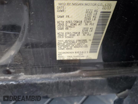 2014 Nissan Armada SV z VIN 5N1AA0NDXEN605615, wystawiony jako Copart lot #54844165 z przebiegiem 123 018 mil mil oraz Czysty tytuł • Clean title. Historia ofert i sprzedaży dostępna na DreamBid. Obrazek 13.
