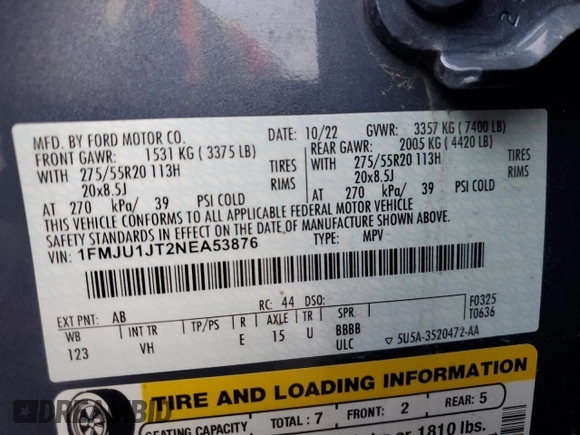 2022 Ford Expedition XLT with VIN 1FMJU1JT2NEA53876, listed as a Copart auction lot 44009255 with 34,632 mi miles and Salvage Title. Bid and sale history available at carsss.com. Image 13.