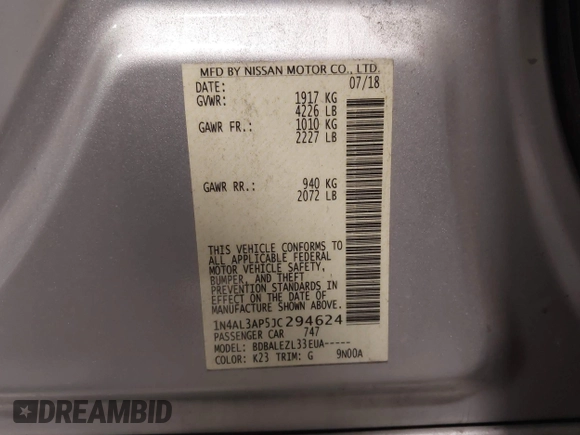 2018 Nissan Altima 2.5 SR with VIN 1N4AL3AP5JC294624, listed as a IAAI auction lot 41701907 with 89,340 mi miles. Bid and sale history available at carsss.com. Image 9.