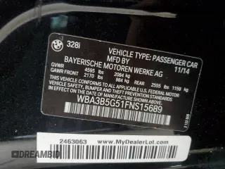 2015 BMW 3 Series 328i xDrive with VIN WBA3B5G51FNS15689, listed as a Copart auction lot 57983565 with Not provided miles and Salvage title. Bid and sale history available at DreamBid. Image 12.