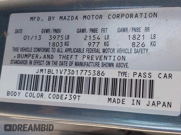 2013 Mazda 3 i Touring with VIN JM1BL1V73D1775386, listed as a IAAI auction lot 42492137 with 169,737 mi miles and . Bid and sale history available at DreamBid. Image 9.