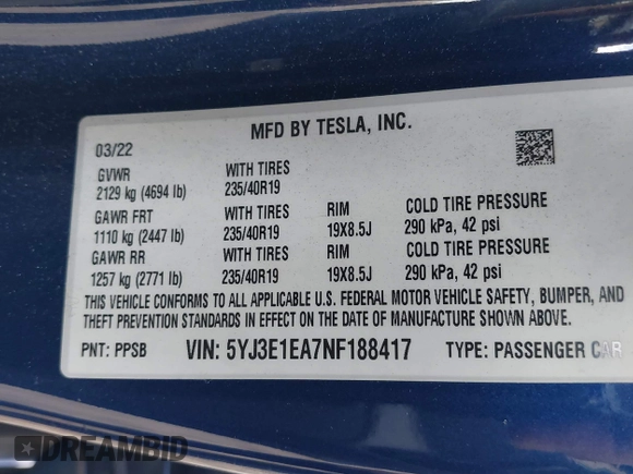 2022 Tesla Model 3 with VIN 5YJ3E1EA7NF188417, listed as a IAAI auction lot 41885623 with 105,457 mi miles and . Bid and sale history available at DreamBid. Image 9.