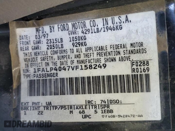 1997 Ford Mustang with VIN 1FALP4047VF158249, listed as a Copart auction lot 55669455 with 175,458 mi miles and Salvage title. Bid and sale history available at DreamBid. Image 12.