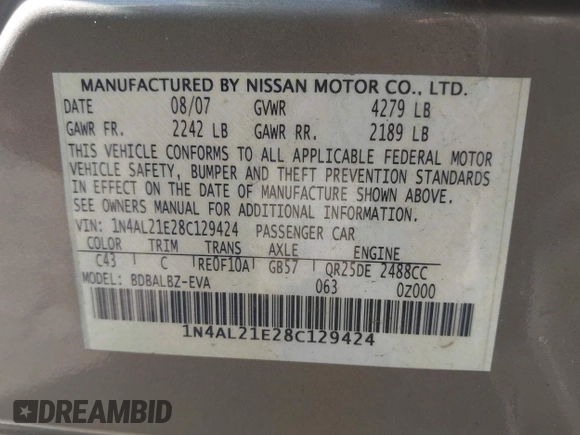 2008 Nissan Altima 2.5 S with VIN 1N4AL21E28C129424, listed as a IAAI auction lot 41967867 with 67,743 mi miles. Bid and sale history available at carsss.com. Image 9.