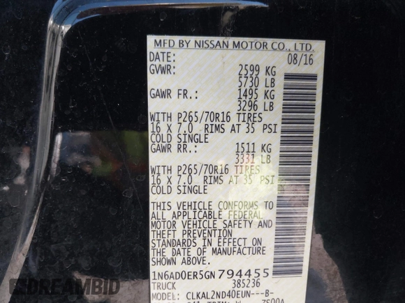 2016 Nissan Frontier SV with VIN 1N6AD0ER5GN794455, listed as a IAAI auction lot 42520541 with 67,377 mi miles and . Bid and sale history available at DreamBid. Image 9.