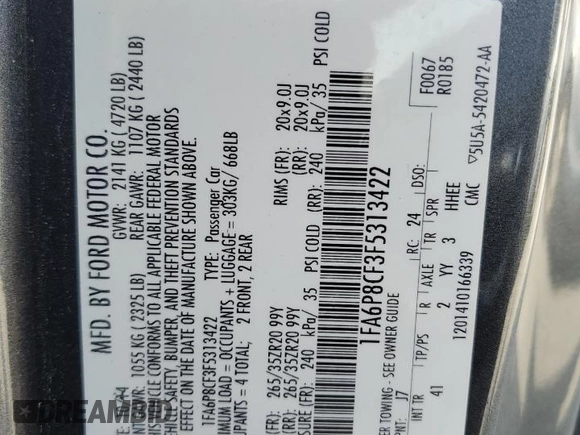 2015 Ford Mustang GT with VIN 1FA6P8CF3F5313422, listed as a Copart auction lot 55482785 with 145,883 mi miles and Salvage title. Bid and sale history available at DreamBid. Image 12.