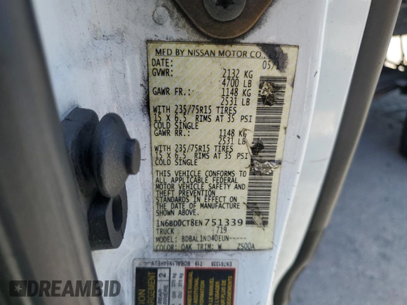 2014 Nissan Frontier S with VIN 1N6BD0CT8EN751339, listed as a Copart auction lot 61792285 with 202,338 mi miles and Salvage title. Bid and sale history available at DreamBid. Image 12.