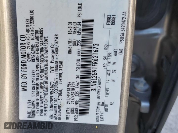 2015 Lincoln MKZ with VIN 3LN6L2G91FR621673, listed as a Copart auction lot 52137415 with 73,606 mi miles and Salvage Title. Bid and sale history available at carsss.com. Image 15.