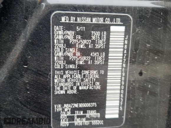 2011 Infiniti QX56 7-passenger with VIN JN8AZ2NE9B9006375, listed as a Copart auction lot 72799494 with 185,281 mi miles and Salvage Title. Bid and sale history available at carsss.com. Image 13.
