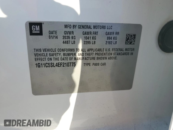2014 Chevrolet Malibu LT with VIN 1G11C5SL4EF210775, listed as a Copart auction lot 52820595 with 38,530 mi miles and Salvage Title. Bid and sale history available at DreamBid. Image 14.