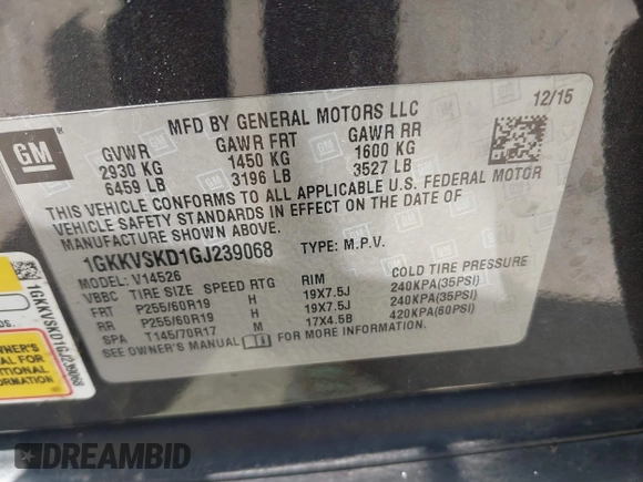 2016 GMC Acadia SLT z VIN 1GKKVSKD1GJ239068, wystawiony jako IAAI lot #42501235 z przebiegiem 141 151 mil mil oraz . Historia ofert i sprzedaży dostępna na DreamBid. Obrazek 9.