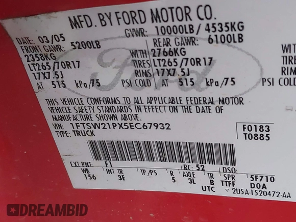 2005 Ford F-250 XL with VIN 1FTSW21PX5EC67932, listed as a IAAI auction lot 41306583 with 189,824 mi miles and . Bid and sale history available at DreamBid. Image 9.