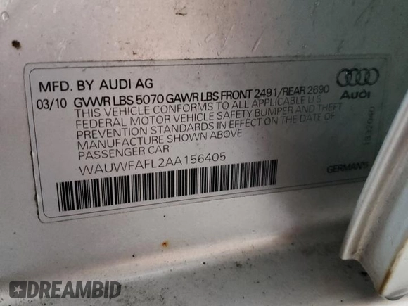 2010 Audi A4 2.0T Premium Plus with VIN WAUWFAFL2AA156405, listed as a Copart auction lot 80109434 with 125,261 mi miles and Salvage Title. Bid and sale history available at carsss.com. Image 12.
