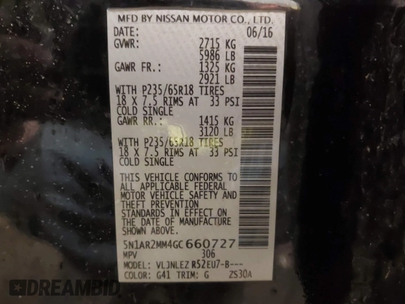 2016 Nissan Pathfinder SL z VIN 5N1AR2MM4GC660727, wystawiony jako IAAI lot #41834916 z przebiegiem Nie podano mil oraz . Historia ofert i sprzedaży dostępna na DreamBid. Obrazek 9.