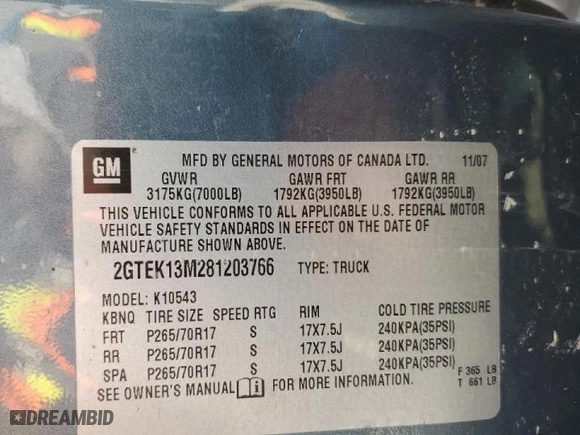 2008 GMC Sierra 1500 SLE1 with VIN 2GTEK13M281203766, listed as a Copart auction lot 46125255 with 0 mi miles and Salvage Title. Bid and sale history available at carsss.com. Image 13.