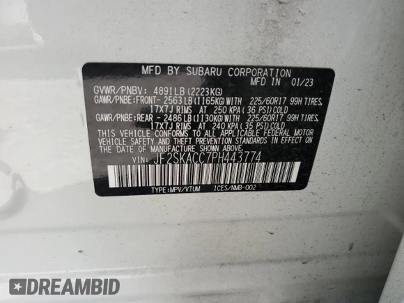 2023 Subaru Forester with VIN JF2SKACC7PH443774, listed as a Copart auction lot 53388435 with 24,600 mi miles and Salvage title. Bid and sale history available at DreamBid. Image 14.