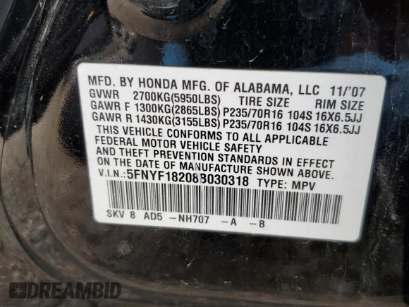 2008 Honda Pilot VP with VIN 5FNYF18208B030318, listed as a Copart auction lot 50926455 with 154,587 mi miles and Salvage Title. Bid and sale history available at DreamBid. Image 13.