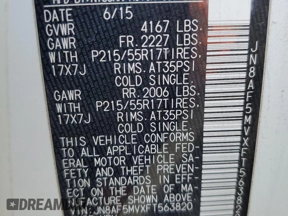 2015 Nissan Juke SV with VIN JN8AF5MVXFT563820, listed as a Copart auction lot 56434305 with 103,265 mi miles and Salvage title. Bid and sale history available at DreamBid. Image 12.