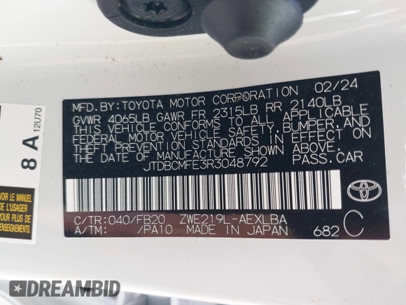 2024 Toyota Corolla Hybrid LE with VIN JTDBCMFE3R3048792, listed as a IAAI auction lot 41915869 with 22,899 mi miles. Bid and sale history available at carsss.com. Image 9.
