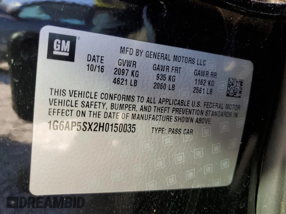 2017 Cadillac CTS RWD with VIN 1G6AP5SX2H0150035, listed as a Copart auction lot 75330874 with 74,582 mi miles and Salvage title. Bid and sale history available at DreamBid. Image 12.
