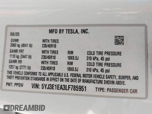 2020 Tesla Model 3 Standard Range Plus with VIN 5YJ3E1EA3LF785951, listed as a IAAI auction lot 41919339 with 63,025 mi miles and . Bid and sale history available at carsss.com. Image 9.