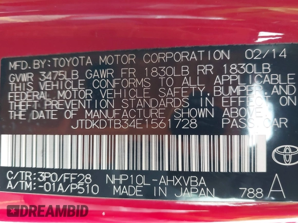 2014 Toyota Prius One with VIN JTDKDTB34E1561728, listed as a IAAI auction lot 41851437 with 111,996 mi miles and . Bid and sale history available at DreamBid. Image 9.