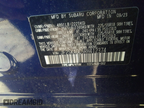 2024 Subaru Forester Sport with VIN JF2SKAGC5RH412374, listed as a IAAI auction lot 41764084 with 22,052 mi miles. Bid and sale history available at carsss.com. Image 9.