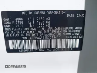 2022 Subaru Legacy Touring XT with VIN 4S3BWGP62N3019410, listed as a IAAI auction lot 42320484 with 39,949 mi miles and . Bid and sale history available at DreamBid. Image 9.