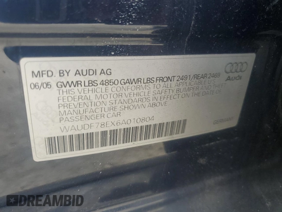 2006 Audi A4 2.0T with VIN WAUDF78EX6A010804, listed as a Copart auction lot 53270655 with 194,484 mi miles and Clean Title. Bid and sale history available at carsss.com. Image 12.