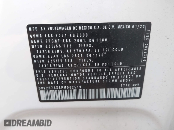 2023 Volkswagen Tiguan SE z VIN 3VV2B7AX8PM062519, wystawiony jako IAAI lot #41541819 z przebiegiem 93 873 mil mil oraz . Historia ofert i sprzedaży dostępna na DreamBid. Obrazek 9.