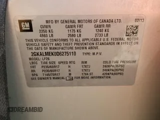 2013 GMC Terrain SLE with VIN 2GKALMEK0D6275110, listed as a Copart auction lot 52996495 with 143,049 mi miles and Salvage Title. Bid and sale history available at carsss.com. Image 16.