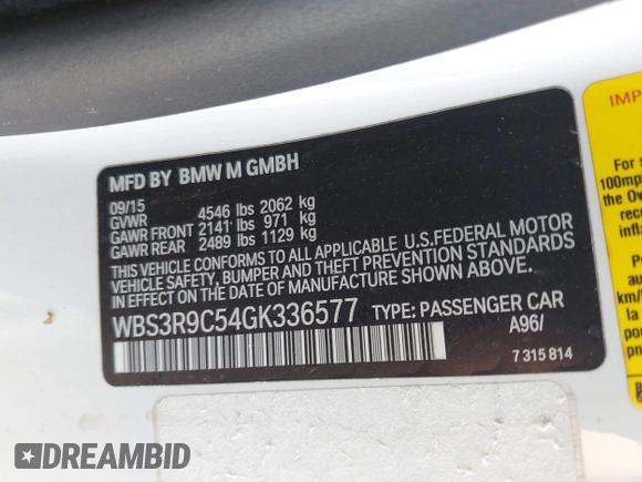 2016 BMW M4 with VIN WBS3R9C54GK336577, listed as a IAAI auction lot 42475006 with 141,289 mi miles and . Bid and sale history available at DreamBid. Image 9.