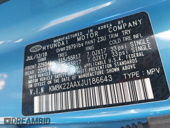 2018 Hyundai Kona SEL with VIN KM8K22AAXJU186643, listed as a IAAI auction lot 41739301 with 89,455 mi miles. Bid and sale history available at carsss.com. Image 9.