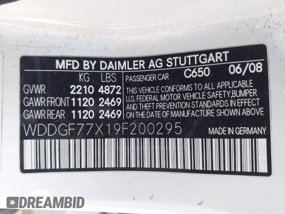 2009 Mercedes-Benz C 63 AMG with VIN WDDGF77X19F200295, listed as a IAAI auction lot 41861803 with 95,069 mi miles and . Bid and sale history available at DreamBid. Image 9.