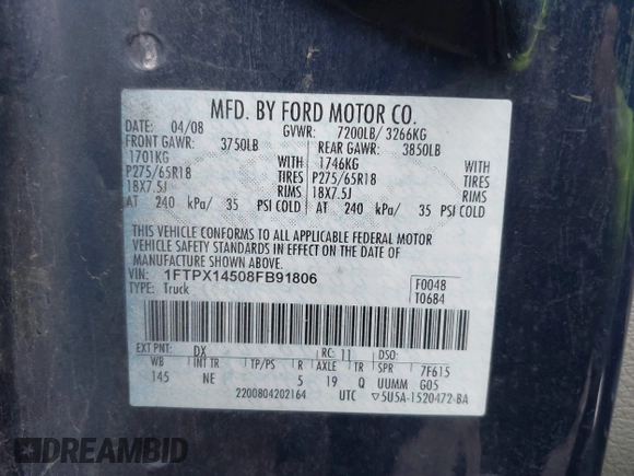 2008 Ford F-150 XLT with VIN 1FTPX14508FB91806, listed as a IAAI auction lot 41928299 with 999,999 mi miles. Bid and sale history available at carsss.com. Image 9.